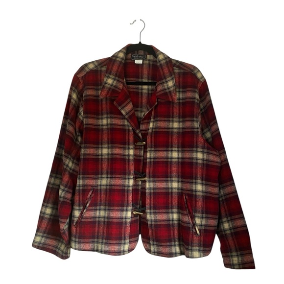 Vintage red tartan plaid wool blend button up chore coat jacket, women’s XL - Picture 3 of 11